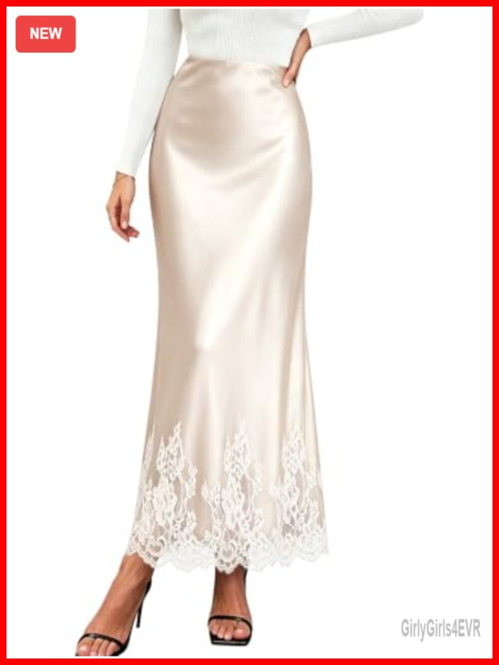 Satin Maxi Skirt Lace Trim High Waisted Long Silky Formal